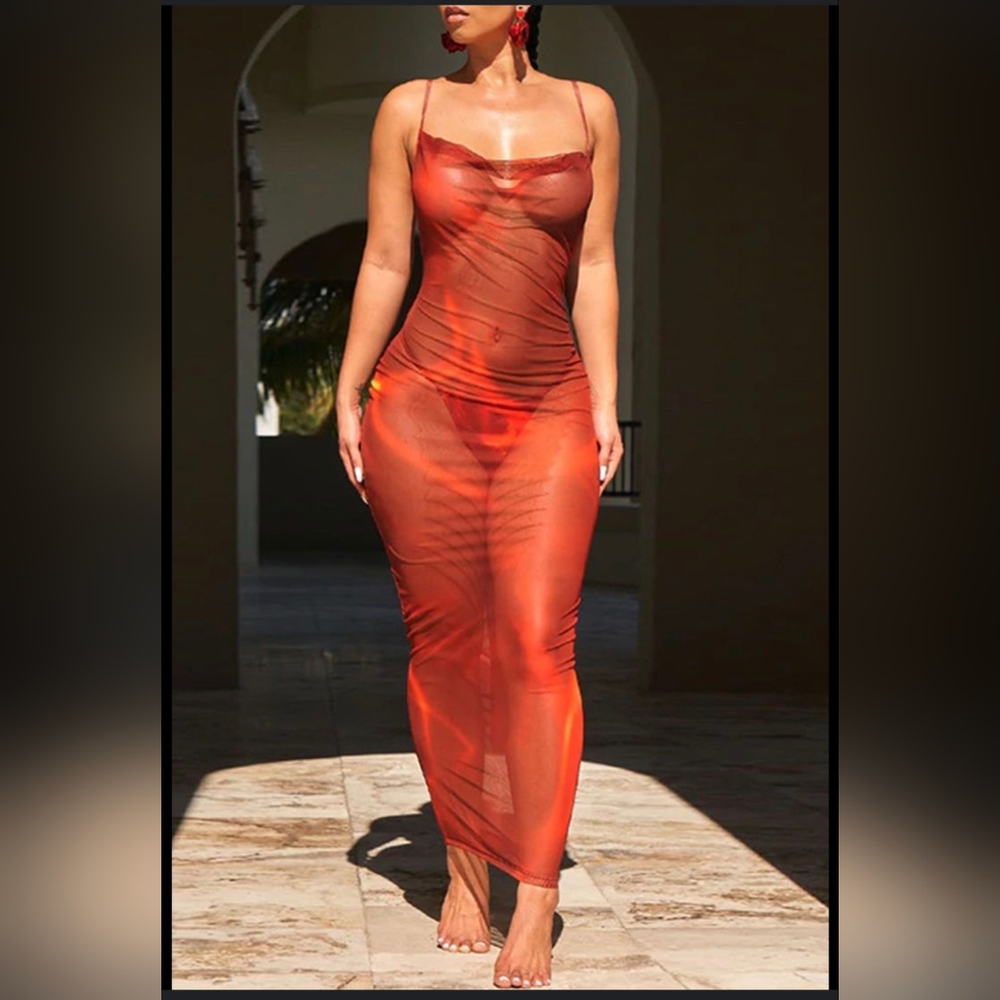 Elegant Sheer Red Maxi Dress